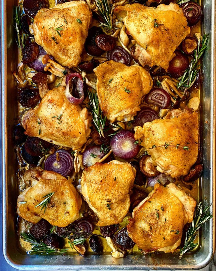 Sheet Pan Comfort: Roasted Chicken Thighs with Onions and Wild Mushrooms